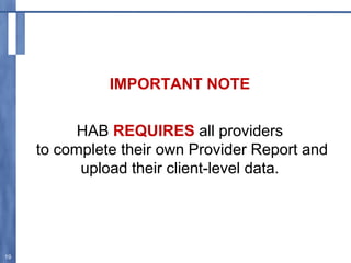 IMPORTANT NOTE
HAB REQUIRES all providers
to complete their own Provider Report and
upload their client-level data.
19
 