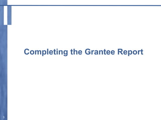 Completing the Grantee Report
3
 