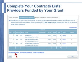 Complete Your Contracts Lists:
Providers Funded by Your Grant
7
 