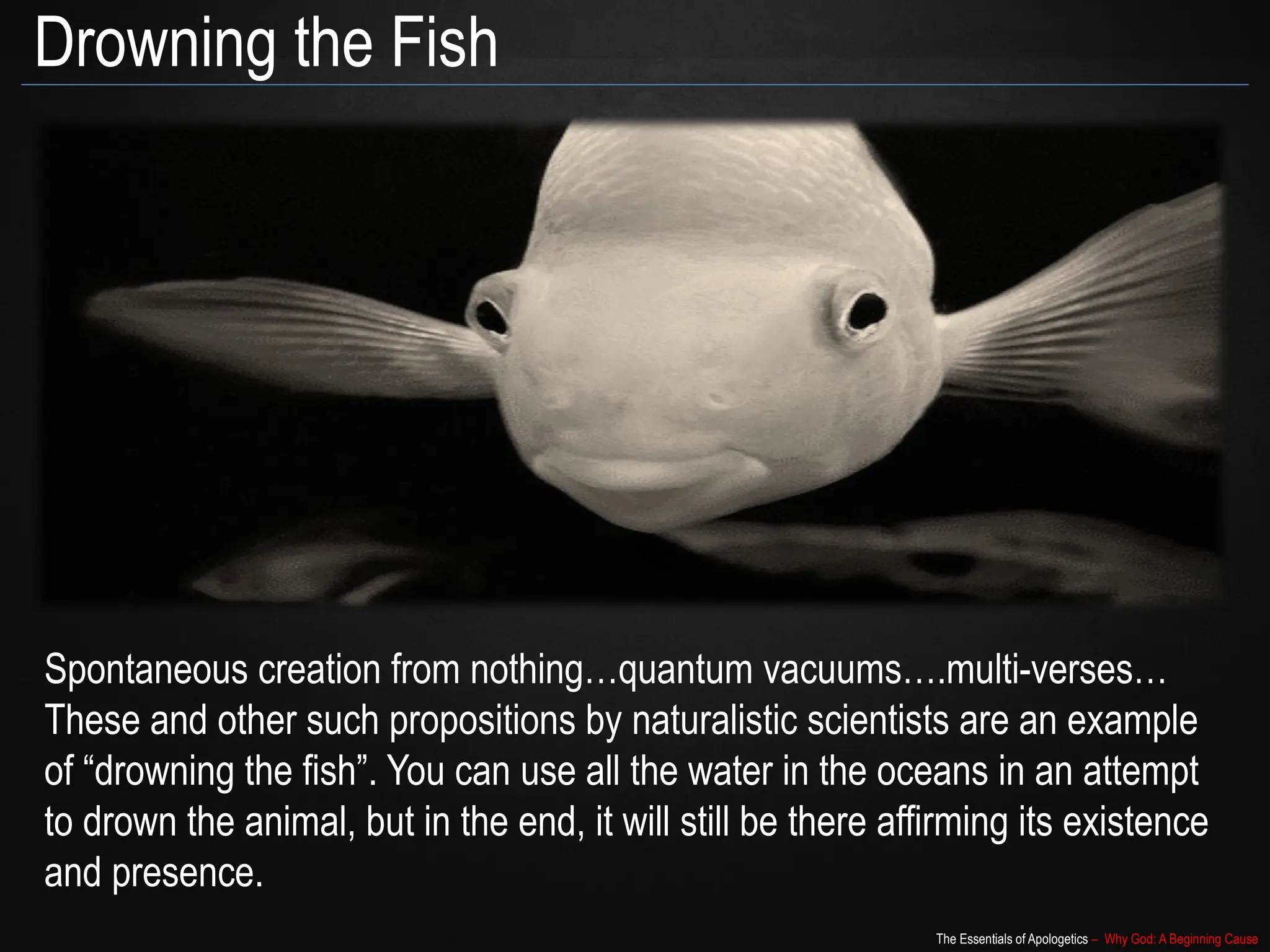 The Essentials of Apologetics – Why God: A Beginning Cause
Drowning the Fish
Spontaneous creation from nothing…quantum vacuums….multi-verses…
These and other such propositions by naturalistic scientists are an example
of “drowning the fish”. You can use all the water in the oceans in an attempt
to drown the animal, but in the end, it will still be there affirming its existence
and presence.
 