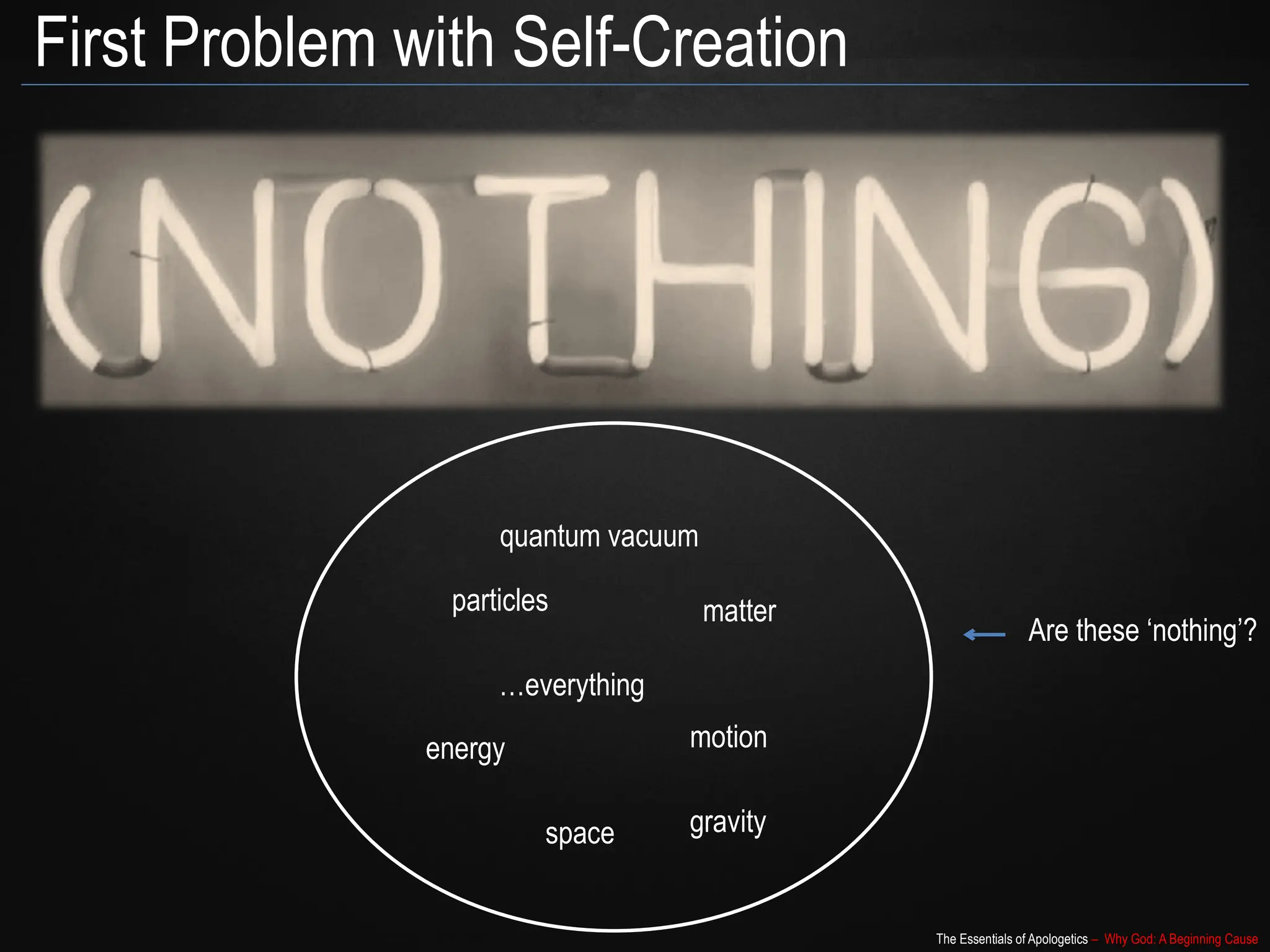 The Essentials of Apologetics – Why God: A Beginning Cause
First Problem with Self-Creation
particles
energy
matter
motion
space
…everything
gravity
Are these ‘nothing’?
quantum vacuum
 