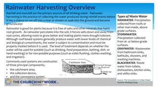 Rainwater Harvesting Overview
Types of Waste Water
RAINWATER: Precipitation
collected from roofs or
other man-made, above-
grade surfaces.
STORMWATER:
Precipitation collected
from at- or below-grade
surfaces.
GRAYWATER: Wastewater
from bathroom sinks,
bathtubs, showers, and
washing machines.
BLACKWATER: Waste
water from toilets,
dishwashers, kitchen sinks,
and utility sinks.
Source: The Innovations in Urban Water
Systems Working Group.
Rainfall and snowfall are the primary sources of all drinking water. Rainwater
harvesting is the practice of collecting the water produced during rainfall events before
it has a chance to run off into a river or stream or soak into the ground and become
groundwater
Rainwater is good for plants because it is free of salts and other minerals that harm
root growth. As rainwater percolates into the soil, it forces salts down and away from
root zones, allowing roots to grow better and making plants more drought tolerant.
Although roof-based systems generally produce water with lower levels of chemical
and biological contaminants, the water is subject to contamination and must be
properly treated before it is used. The level of treatment depends on whether the
water will be used for potable (such as drinking, food preparation, bathing, dish- or
hand-washing) or for non-potable purposes (such as toilet flushing, clothes washing,
and irrigation).
Commonly used systems are constructed
of three principal components;
• the catchment area,
• the collection device,
• and the conveyance system.
 
