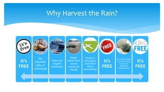 It’s
FREE
No
harmful
salts or
chemicals
Does not
require
treatment
Keeps
water from
storm
sewers &
Floods
Makes a
theological
statement
about
stewardship
It’s
FREE
No taxes to pay
nor sewer fees
to pay nor
detention
requirements
It’s
FREE
Why Harvest the Rain?
 