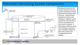 Rainwater Harvesting System Components
Distribution lines from the
Transfer Tanks (not shown)
and the Distribution Tank(s)
should be buried below the
frost line . Lines from the
Distribution Tanks to the
building or irrigation system
should have shut-off valves
that are accessible when
snow cover is present. A
drain plug or cleanout sump,
also draining to a pervious
area, should be installed to
allow the system to be
completely drained if
needed.
 