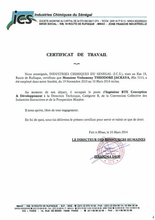 Industries Chimiques du Senegal Experience Certificate - 2