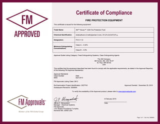 Certificate of Compliance
Page 1 of 1 Cert. No. 3050654
FIRE PROTECTION EQUIPMENT
This certificate is issued for the following equipment:
Trade Name: 3M™ Novec™ 1230 Fire Protection Fluid
Chemical Identification: dodecafluoro-2-methylpentan-3-one, CF3CF2C(O)CF(CF3)2
Designation: FK-5-1-12
Minimum Extinguishing
Concentrations:
Class A – 3.34%
Class B – 4.5%
Approval Guide Listing Category: Fixed Extinguishing Systems, Clean Extinguishing Agents
The 3M Company
3M Center, Bld. 236-1B-07
St. Paul, MN 55144
USA
This certifies that the equipment described has been found to comply with the applicable requirements, as stated in the Approval Report(s),
of the following FM Approval Standard(s):
Approval Standards
Class Number Date
5600 April 2013
FM Approvals Listing Class: 5613
Re-Examination Project Identification: 3037743 Approval Granted: December 20, 2010
Subsequent Revisions: 3050654
To verify the availability of the Approved product, please refer to www.approvalguide.com
9 February 2015
_________________________
James E. Marquedant
Manager - Electrical Systems
FM Approvals
1151 Boston-Providence Turnpike,
Norwood MA, 02062 USA
_________________________
Date
 