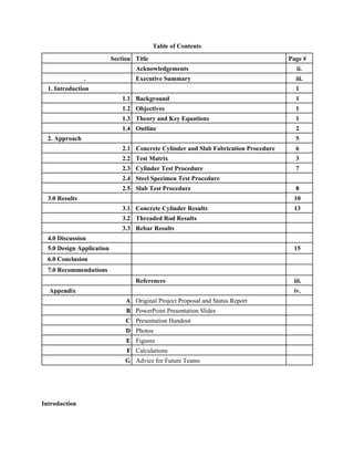 Table of Contents
Section Title Page #
Acknowledgements ii.
. Executive Summary iii.
1. Introduction 1
1.1 Background 1
1.2 Objectives 1
1.3 Theory and Key Equations 1
1.4 Outline 2
2. Approach 5
2.1 Concrete Cylinder and Slab Fabrication Procedure 6
2.2 Test Matrix 3
2.3 Cylinder Test Procedure 7
2.4 Steel Specimen Test Procedure
2.5 Slab Test Procedure 8
3.0 Results 10
3.1 Concrete Cylinder Results 13
3.2 Threaded Rod Results
3.3 Rebar Results
4.0 Discussion
5.0 Design Application 15
6.0 Conclusion
7.0 Recommendations
References iii.
Appendix iv.
A Original Project Proposal and Status Report
B PowerPoint Presentation Slides
C Presentation Handout
D Photos
E Figures
F Calculations
G Advice for Future Teams
Introduction
 