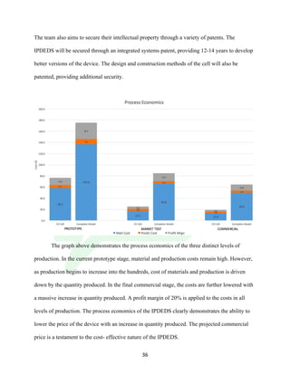 !
! 36!
The team also aims to secure their intellectual property through a variety of patents. The
IPDEDS will be secured through an integrated systems patent, providing 12-14 years to develop
better versions of the device. The design and construction methods of the cell will also be
patented, providing additional security.
!
The graph above demonstrates the process economics of the three distinct levels of
production. In the current prototype stage, material and production costs remain high. However,
as production begins to increase into the hundreds, cost of materials and production is driven
down by the quantity produced. In the final commercial stage, the costs are further lowered with
a massive increase in quantity produced. A profit margin of 20% is applied to the costs in all
levels of production. The process economics of the IPDEDS clearly demonstrates the ability to
lower the price of the device with an increase in quantity produced. The projected commercial
price is a testament to the cost- effective nature of the IPDEDS.!
 