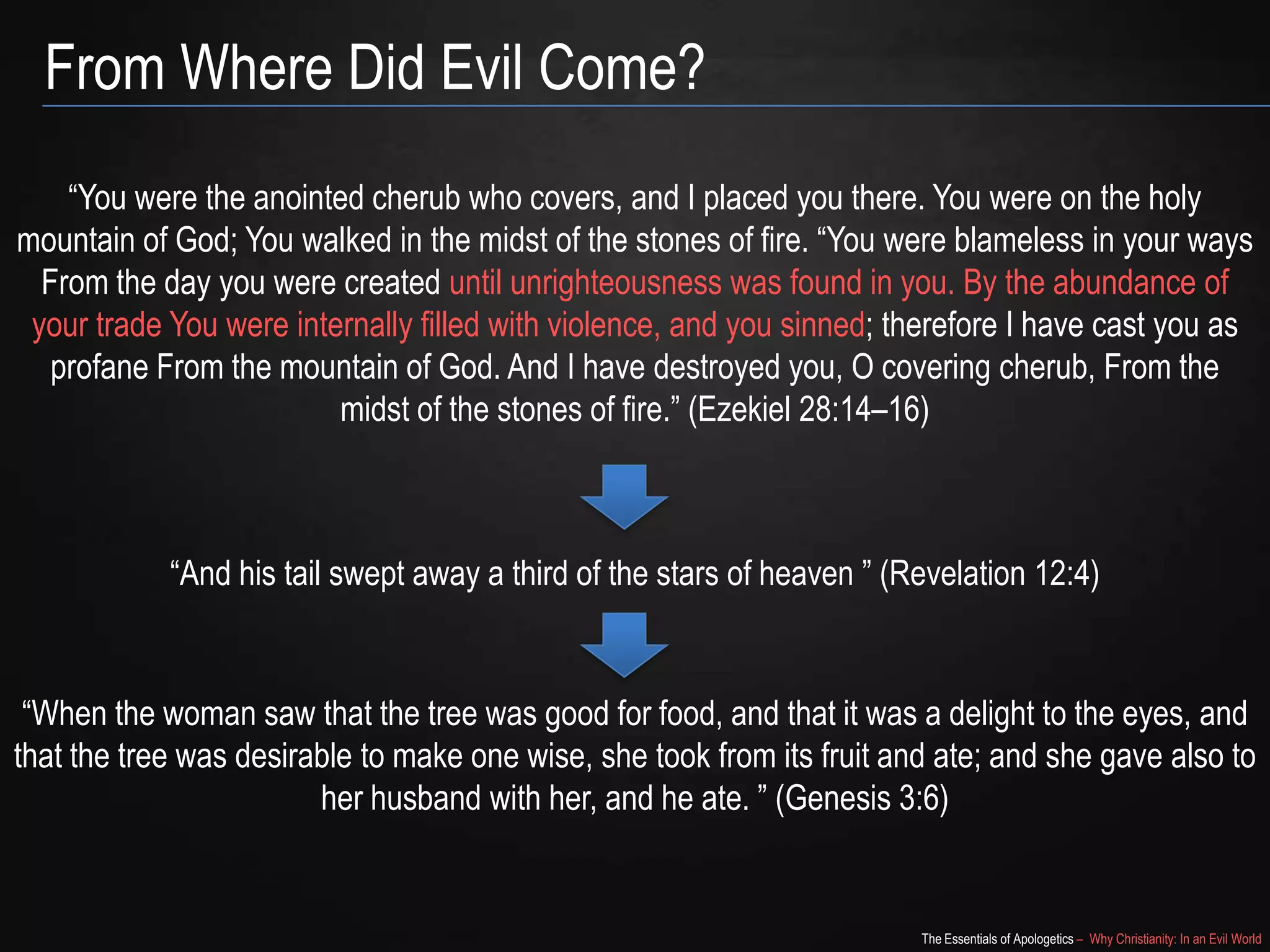 From Where Did Evil Come?
“You were the anointed cherub who covers, and I placed you there. You were on the holy
mountain of God; You walked in the midst of the stones of fire. “You were blameless in your ways
From the day you were created until unrighteousness was found in you. By the abundance of
your trade You were internally filled with violence, and you sinned; therefore I have cast you as
profane From the mountain of God. And I have destroyed you, O covering cherub, From the
midst of the stones of fire.” (Ezekiel 28:14–16)

“And his tail swept away a third of the stars of heaven ” (Revelation 12:4)

“When the woman saw that the tree was good for food, and that it was a delight to the eyes, and
that the tree was desirable to make one wise, she took from its fruit and ate; and she gave also to
her husband with her, and he ate. ” (Genesis 3:6)

The Essentials of Apologetics – Why Christianity: In an Evil World

 