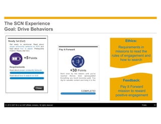 © 2014 SAP SE or an SAP affiliate company. All rights reserved. 10Public
The SCN Experience
Goal: Drive Behaviors
Ethics:
Requirements in
missions to read the
rules of engagement and
how to search
Feedback:
Pay It Forward
mission to reward
positive engagement
 