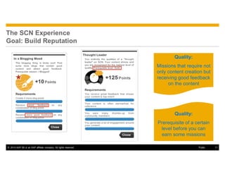 © 2014 SAP SE or an SAP affiliate company. All rights reserved. 11Public
The SCN Experience
Goal: Build Reputation
Quality:
Missions that require not
only content creation but
receiving good feedback
on the content
Quality:
Prerequisite of a certain
level before you can
earn some missions
 