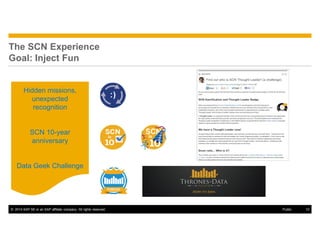© 2014 SAP SE or an SAP affiliate company. All rights reserved. 12Public
The SCN Experience
Goal: Inject Fun
Hidden missions,
unexpected
recognition
SCN 10-year
anniversary
Data Geek Challenge
 
