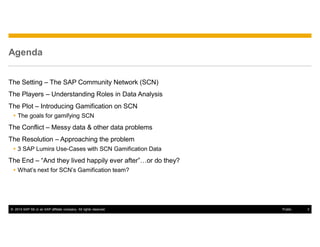 © 2014 SAP SE or an SAP affiliate company. All rights reserved. 3Public
Agenda
The Setting – The SAP Community Network (SCN)
The Players – Understanding Roles in Data Analysis
The Plot – Introducing Gamification on SCN
The goals for gamifying SCN
The Conflict – Messy data & other data problems
The Resolution – Approaching the problem
3 SAP Lumira Use-Cases with SCN Gamification Data
The End – “And they lived happily ever after”…or do they?
What’s next for SCN’s Gamification team?
 