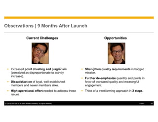 © 2014 SAP SE or an SAP affiliate company. All rights reserved. 43Public
Observations | 9 Months After Launch
Current Challenges Opportunities
Increased point cheating and plagiarism
(perceived as disproportionate to activity
increase).
Dissatisfaction of loyal, well-established
members and newer members alike.
High operational effort needed to address these
issues.
Strengthen quality requirements in badged
mission.
Further de-emphasize quantity and points in
favor of increased quality and meaningful
engagement.
Think of a transforming approach in 2 steps.
 