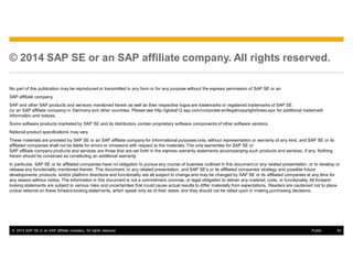 © 2014 SAP SE or an SAP affiliate company. All rights reserved. 54Public
© 2014 SAP SE or an SAP affiliate company. All rights reserved.
No part of this publication may be reproduced or transmitted in any form or for any purpose without the express permission of SAP SE or an
SAP affiliate company.
SAP and other SAP products and services mentioned herein as well as their respective logos are trademarks or registered trademarks of SAP SE
(or an SAP affiliate company) in Germany and other countries. Please see http://global12.sap.com/corporate-en/legal/copyright/index.epx for additional trademark
information and notices.
Some software products marketed by SAP SE and its distributors contain proprietary software components of other software vendors.
National product specifications may vary.
These materials are provided by SAP SE or an SAP affiliate company for informational purposes only, without representation or warranty of any kind, and SAP SE or its
affiliated companies shall not be liable for errors or omissions with respect to the materials. The only warranties for SAP SE or
SAP affiliate company products and services are those that are set forth in the express warranty statements accompanying such products and services, if any. Nothing
herein should be construed as constituting an additional warranty.
In particular, SAP SE or its affiliated companies have no obligation to pursue any course of business outlined in this document or any related presentation, or to develop or
release any functionality mentioned therein. This document, or any related presentation, and SAP SE’s or its affiliated companies’ strategy and possible future
developments, products, and/or platform directions and functionality are all subject to change and may be changed by SAP SE or its affiliated companies at any time for
any reason without notice. The information in this document is not a commitment, promise, or legal obligation to deliver any material, code, or functionality. All forward-
looking statements are subject to various risks and uncertainties that could cause actual results to differ materially from expectations. Readers are cautioned not to place
undue reliance on these forward-looking statements, which speak only as of their dates, and they should not be relied upon in making purchasing decisions.
 
