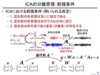 ICAの分離原理：前提条件
• ICAにおける前提条件（用いられる仮定）
– 1. 混合前の各音源は互いに独立である
– 2. 混合前の各音源は非ガウスな分布に従う
– 3. 混合系は時不変であり逆系（分離系）が存在する
混合系
未知の音源
1...