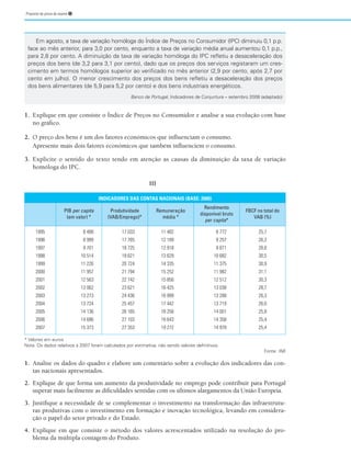 Proposta de prova de exame ➊
1. Explique em que consiste o Índice de Preços no Consumidor e analise a sua evolução com base
no gráfico.
2. O preço dos bens é um dos fatores económicos que influenciam o consumo.
Apresente mais dois fatores económicos que também influenciem o consumo.
3. Explicite o sentido do texto tendo em atenção as causas da diminuição da taxa de variação
homóloga do IPC.
III
Em agosto, a taxa de variação homóloga do Índice de Preços no Consumidor (IPC) diminuiu 0,1 p.p.
face ao mês anterior, para 3,0 por cento, enquanto a taxa de variação média anual aumentou 0,1 p.p.,
para 2,8 por cento. A diminuição da taxa de variação homóloga do IPC refletiu a desaceleração dos
preços dos bens (de 3,2 para 3,1 por cento), dado que os preços dos serviços registaram um cres-
cimento em termos homólogos superior ao verificado no mês anterior (2,9 por cento, após 2,7 por
cento em julho). O menor crescimento dos preços dos bens refletiu a desaceleração dos preços
dos bens alimentares (de 5,9 para 5,2 por cento) e dos bens industriais energéticos.
Banco de Portugal, Indicadores de Conjuntura – setembro 2008 (adaptado)
INDICADORES DAS CONTAS NACIONAIS (BASE: 2000)
PIB per capita
(em valor) *
Produtividade
(VAB/Emprego)*
Remuneração
média *
Rendimento
disponível bruto
per capita*
FBCF no total do
VAB (%)
1995
1996
1997
1998
1999
2000
2001
2002
2003
2004
2005
2006
2007
8 488
8 999
9 701
10 514
11 226
11 957
12 563
13 062
13 273
13 724
14 136
14 686
15 373
17 033
17 765
18 725
19 621
20 724
21 794
22 742
23 621
24 436
25 457
26 165
27 103
27 353
11 482
12 189
12 918
13 629
14 335
15 252
15 856
16 425
16 999
17 442
18 256
18 643
19 272
8 772
9 257
9 871
10 682
11 375
11 982
12 512
13 038
13 288
13 719
14 001
14 358
14 978
25,7
26,3
28,8
30,5
30,9
31,1
30,3
28,7
26,3
26,0
25,8
25,4
25,4
1. Analise os dados do quadro e elabore um comentário sobre a evolução dos indicadores das con-
tas nacionais apresentados.
2. Explique de que forma um aumento da produtividade no emprego pode contribuir para Portugal
superar mais facilmente as dificuldades sentidas com os últimos alargamentos da União Europeia.
3. Justifique a necessidade de se complementar o investimento na transformação das infraestrutu-
ras produtivas com o investimento em formação e inovação tecnológica, levando em considera-
ção o papel do setor privado e do Estado.
4. Explique em que consiste o método dos valores acrescentados utilizado na resolução do pro-
blema da múltipla contagem do Produto.
* Valores em euros
Nota: Os dados relativos a 2007 foram calculados por estimativa, não sendo valores definitivos.
Fonte: INE
 