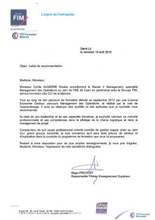 Recommendation Letter [Régis PROVOST] - M.A. Operations Management (IAE Caen)