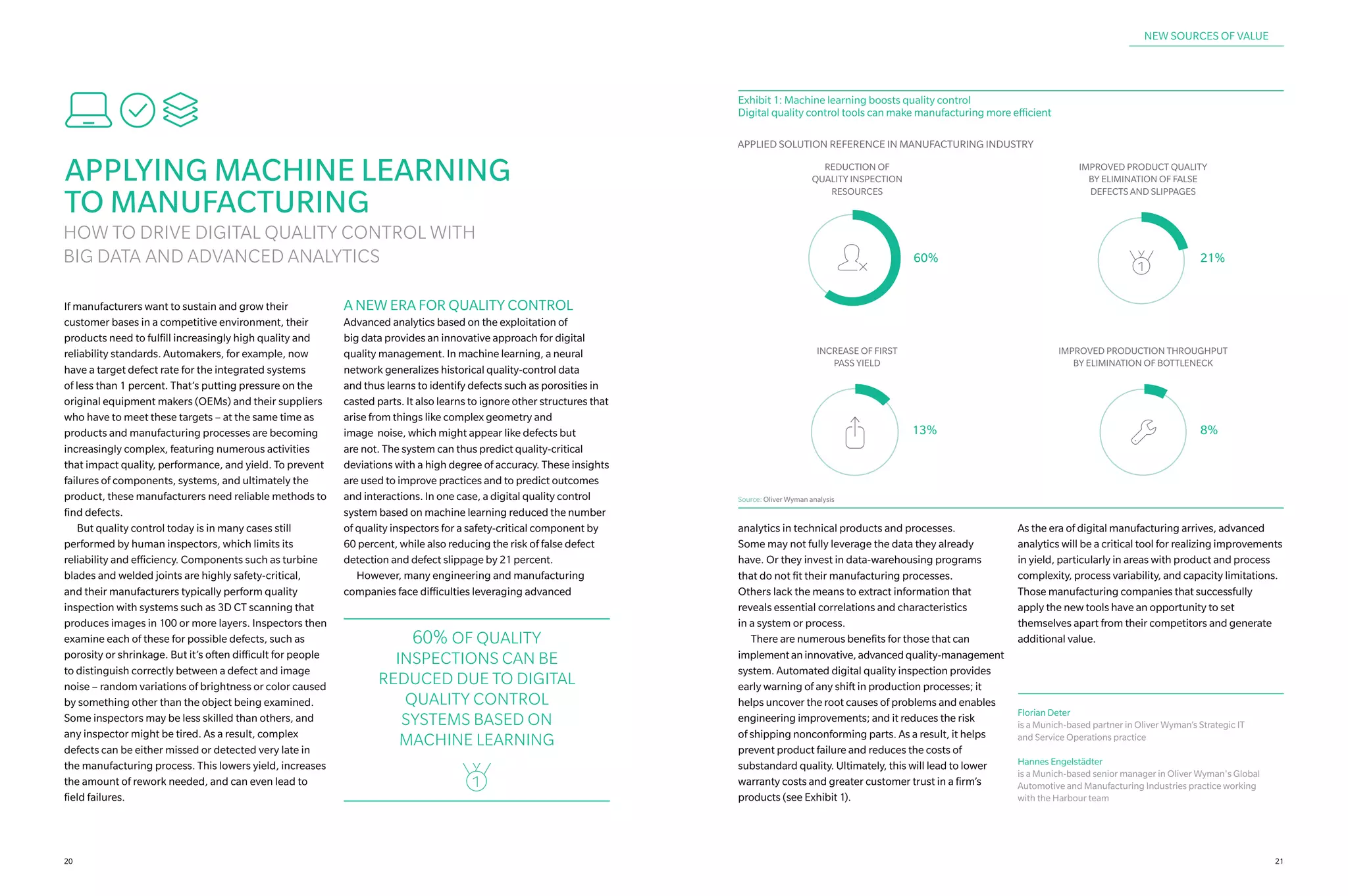 BGN
APPLYING MACHINE LEARNING
TO MANUFACTURING
HOW TO DRIVE DIGITAL QUALITY CONTROL WITH
BIG DATA AND ADVANCED ANALYTICS
If manufacturers want to sustain and grow their
customer bases in a competitive environment, their
products need to fulfill increasingly high quality and
reliability standards. Automakers, for example, now
have a target defect rate for the integrated systems
of less than 1 percent. That’s putting pressure on the
original equipment makers (OEMs) and their suppliers
who have to meet these targets – at the same time as
products and manufacturing processes are becoming
increasingly complex, featuring numerous activities
that impact quality, performance, and yield. To prevent
failures of components, systems, and ultimately the
product, these manufacturers need reliable methods to
find defects.
	 But quality control today is in many cases still
performed by human inspectors, which limits its
reliability and efficiency. Components such as turbine
blades and welded joints are highly safety-critical,
and their manufacturers typically perform quality
inspection with systems such as 3D CT scanning that
produces images in 100 or more layers. Inspectors then
examine each of these for possible defects, such as
porosity or shrinkage. But it’s often difficult for people
to distinguish correctly between a defect and image
noise – random variations of brightness or color caused
by something other than the object being examined.
Some inspectors may be less skilled than others, and
any inspector might be tired. As a result, complex
defects can be either missed or detected very late in
the manufacturing process. This lowers yield, increases
the amount of rework needed, and can even lead to
field failures.
A NEW ERA FOR QUALITY CONTROL
Advanced analytics based on the exploitation of
big data provides an innovative approach for digital
quality management. In machine learning, a neural
network generalizes historical quality-control data
and thus learns to identify defects such as porosities in
casted parts. It also learns to ignore other structures that
arise from things like complex geometry and
image noise, which might appear like defects but
are not. The system can thus predict quality-critical
deviations with a high degree of accuracy. These insights
are used to improve practices and to predict outcomes
and interactions. In one case, a digital quality control
system based on machine learning reduced the number
of quality inspectors for a safety‑critical component by
60 percent, while also reducing the risk of false defect
detection and defect slippage by 21percent.
	 However, many engineering and manufacturing
companies face difficulties leveraging advanced
Exhibit 1: Machine learning boosts quality control
Digital quality control tools can make manufacturing more efficient
APPLIED SOLUTION REFERENCE IN MANUFACTURING INDUSTRY
IMPROVED PRODUCT QUALITY
BY ELIMINATION OF FALSE
DEFECTS AND SLIPPAGES
21%60%
REDUCTION OF
QUALITY INSPECTION
RESOURCES
IMPROVED PRODUCTION THROUGHPUT
BY ELIMINATION OF BOTTLENECK
8%13%
INCREASE OF FIRST
PASS YIELD
o X
ik
Source: Oliver Wyman analysis
analytics in technical products and processes.
Some may not fully leverage the data they already
have. Or they invest in data-warehousing programs
that do not fit their manufacturing processes.
Others lack the means to extract information that
reveals essential correlations and characteristics
in a system or process.
	 There are numerous benefits for those that can
implementan innovative,advancedquality‑management
system. Automated digital quality inspection provides
early warning of any shift in production processes; it
helps uncover the root causes of problems and enables
engineering improvements; and it reduces the risk
of shipping nonconforming parts. As a result, it helps
prevent product failure and reduces the costs of
substandard quality. Ultimately, this will lead to lower
warranty costs and greater customer trust in a firm’s
products (see Exhibit 1).
As the era of digital manufacturing arrives, advanced
analytics will be a critical tool for realizing improvements
in yield, particularly in areas with product and process
complexity, process variability, and capacity limitations.
Those manufacturing companies that successfully
apply the new tools have an opportunity to set
themselves apart from their competitors and generate
additional value.60% OF QUALITY
INSPECTIONS CAN BE
REDUCED DUE TO DIGITAL
QUALITY CONTROL
SYSTEMS BASED ON
MACHINE LEARNING
X
NEW SOURCES OF VALUE
Florian Deter
is a Munich-based partner in Oliver Wyman’s Strategic IT
and Service Operations practice
Hannes Engelstädter
is a Munich-based senior manager in Oliver Wyman's Global
Automotive and Manufacturing Industries practice working
with the Harbour team
2120
 