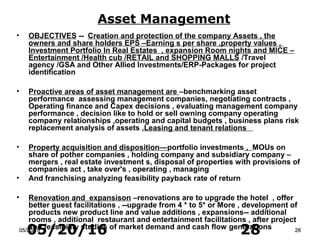 05/20/16 2805/20/1605/20/16 2828
Asset Management
• OBJECTIVES -- Creation and protection of the company Assets , the
owners and share holders EPS –Earning s per share ,property values ,
Investment Portfolio In Real Estates , expansion Room nights and MICE –
Entertainment /Health cub /RETAIL and SHOPPING MALLS /Travel
agency /GSA and Other Allied Investments/ERP-Packages for project
identification
• Proactive areas of asset management are –benchmarking asset
performance assessing management companies, negotiating contracts ,
Operating finance and Capex decisions , evaluating management company
performance , decision like to hold or sell owning company operating
company relationships ,operating and capital budgets , business plans risk
replacement analysis of assets ,Leasing and tenant relations
• Property acquisition and disposition—portfolio investments , MOUs on
share of pother companies , holding company and subsidiary company –
mergers , real estate investment s, disposal of properties with provisions of
companies act , take over's , operating , managing
• And franchising analyzing feasibility payback rate of return
• Renovation and expansison –renovations are to upgrade the hotel , offer
better guest facilitations , --upgrade from 4 * to 5* or More , development of
products new product line and value additions , expansions-- additional
rooms , additional restaurant and entertainment facilitations , after project
and feasibility studies of market demand and cash flow generations
 