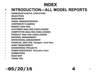 05/20/16 405/20/1605/20/16 44
• INTRODUCTION—ALL MODEL REPORTS
• OWNERSHIP-CAPITAL STRUCTURE
• OBJECTIVES
• INVESTMENT
• VISION MISSION/POSITION
• CORPORATE PLANNING
• MARKET ANALYSIS
• CUSTOMER ANALYSIS CONCLUSIONS
• COMPETITOR ANALYSIS CONCLUSIONS
• PRODUCT ANALYSIS CONCLUSIONS
• MATERIAL MANAGEMENT
• OPERATIONAL MANAGEMENT
• FINANCIAL ANALYSIS –Budgets –Cash flow
• ASSET MANAGEMENT-
• ENGINEERING /PROJECTS
• HUMAN RESOURCES –Executive Team
• SUMMATIONS
• ROAD MAP
• THANK YOU
INDEXINDEX
 