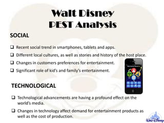 SOCIAL
 Recent social trend in smartphones, tablets and apps.
 Different local cultures, as well as stories and history of the host place.
 Changes in customers preferences for entertainment.
 Significant role of kid’s and family’s entertainment.
TECHNOLOGICAL
 Technological advancements are having a profound effect on the
world’s media.
 Changes in technology affect demand for entertainment products as
well as the cost of production.
Walt Disney
PEST Analysis
 