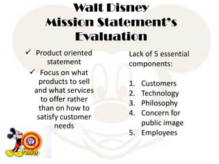 Walt Disney
Mission Statement’s
Evaluation
 Product oriented
statement
 Focus on what
products to sell
and what services
to offer rather
than on how to
satisfy customer
needs
Lack of 5 essential
components:
1. Customers
2. Technology
3. Philosophy
4. Concern for
public image
5. Employees
 