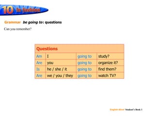 organize it? you watch TV? find them? study? I we / you / they he / she / it Questions Am going to Are going to Can you remember? Grammar be going to : questions Is going to Are going to