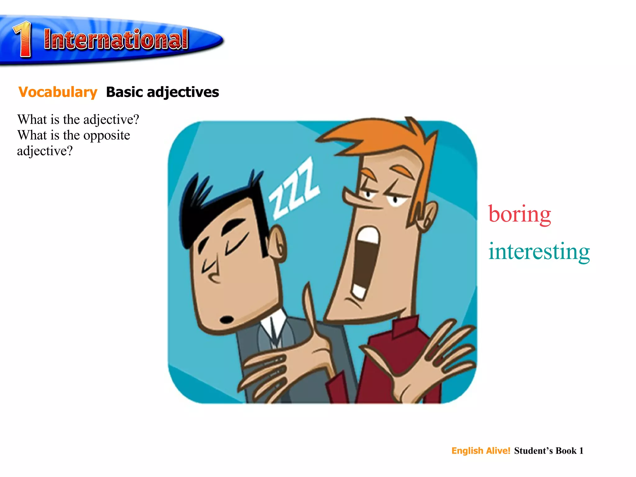 boring interesting What is the adjective? What is the opposite adjective? Vocabulary   Basic adjectives 