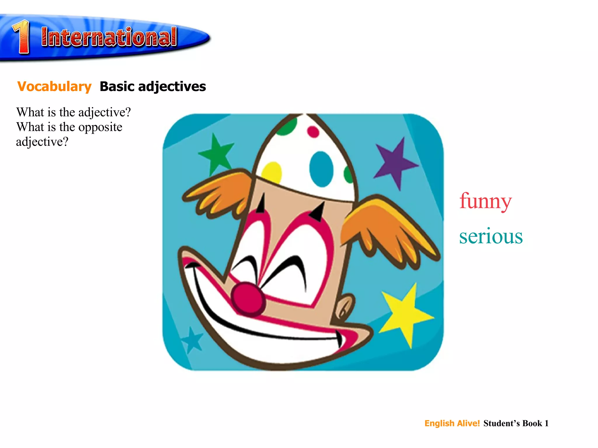 funny serious What is the adjective? What is the opposite adjective? Vocabulary   Basic adjectives 