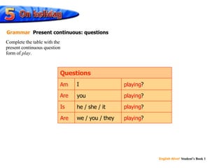 playing ? we / you / they playing ? he / she / it playing ? you playing ? I Questions playing Are Am playing Complete the table with the  present continuous question  form of  play . Grammar   Present continuous: questions Is playing Are playing 