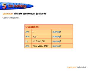 playing ? we / you / they playing ? he / she / it playing ? you playing ? I Questions playing Are Am playing Can you remember? Grammar   Present continuous: questions Is playing Are playing 