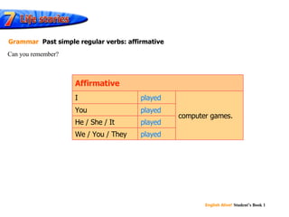 played played played played You We / You / They He / She / It computer games. I  Affirmative Can you remember? Grammar   Past simple regular verbs: affirmative 