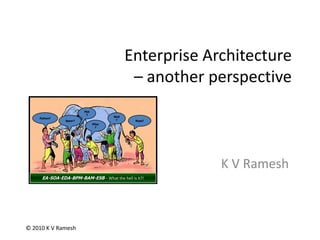 Mat? Python? Wall? Rope? Spear? Pillar? EA-SOA-EDA-BPM-BAM-ESB – What the hell is it?! Enterprise Architecture – another perspective K V Ramesh 