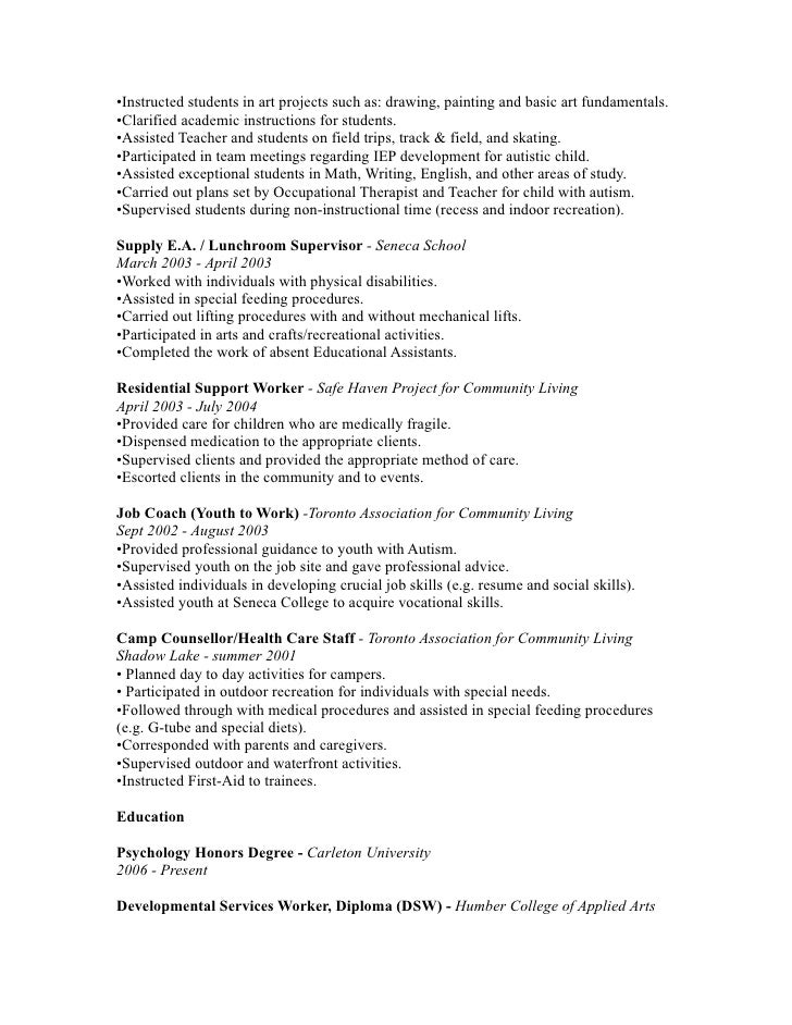 resume for autism support worker