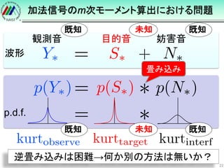 加法信号のm次モーメント算出における問題
22
観測音 目的音 妨害音
未知 既知既知
波形
逆畳み込みは困難→何か別の方法は無いか？
畳み込み
未知 既知既知
p.d.f.
 