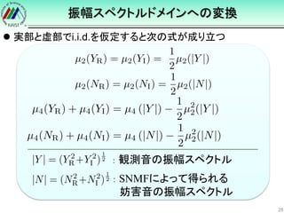  実部と虚部でi.i.d.を仮定すると次の式が成り立つ
振幅スペクトルドメインへの変換
28
： 観測音の振幅スペクトル
： SNMFによって得られる
妨害音の振幅スペクトル
 