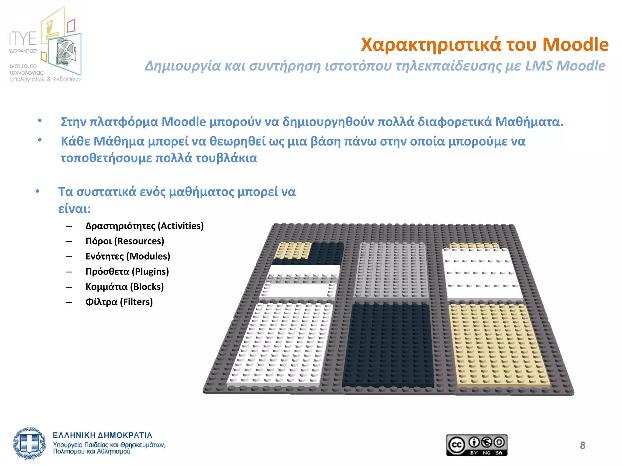 Χαρακτηριστικά του Moodle 
Δημιουργία και συντήρηση ιστοτόπου τηλεκπαίδευσης με LMS Moodle 
• Στην πλατφόρμα Moodle μπορούν να δημιουργηθούν πολλά διαφορετικά Μαθήματα. 
• Κάθε Μάθημα μπορεί να θεωρηθεί ως μια βάση πάνω στην οποία μπορούμε να 
τοποθετήσουμε πολλά τουβλάκια 
8 
• Τα συστατικά ενός μαθήματος μπορεί να 
είναι: 
– Δραστηριότητες (Activities) 
– Πόροι (Resources) 
– Ενότητες (Modules) 
– Πρόσθετα (Plugins) 
– Κομμάτια (Blocks) 
– Φίλτρα (Filters) 
 