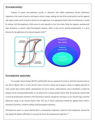 Ferroelectricity:
Property of certain non-conducting crystals, or dielectrics, that exhibit spontaneous electric polarization
(separation of the center of positive and negative electric charge, making one side of the crystal positive and the opposite
side negative) that can be reversed in direction by the application of an appropriate electric field. Ferroelectricity is named
by analogy with ferromagnetism, which occurs in such materials as iron. Iron atoms, being tiny magnets, spontaneously
align themselves in clusters called ferromagnetic domains, which in turn can be oriented predominantly in a given
direction by the application of an external magnetic field. [2]
Ferroelectric materials:
For example, barium titanate (BaTiO3) and Rochelle salt-are composed of crystals in which the structural units are
tiny electric dipoles; that is, in each unit the centers of positive charge and of negative charge are slightly separated. In
some crystals these electric dipoles spontaneously line up in clusters called domains, and in ferroelectric crystals the
domains can be oriented predominantly in one direction by a strong external electric field. Reversing the external field
reverses the predominant orientation of the ferroelectric domains, though the switching to a new direction lags somewhat
behind the change in the external electric field. This lag of electric polarization behind the applied electric field is
ferroelectric hysteresis, named by analogy with ferromagnetic hysteresis.
Ferroelectricity ceases in a given material above a characteristic temperature, called its Curie temperature, because the
heat agitates the dipoles sufficiently to overcome the forces that spontaneously align them. [2]
 