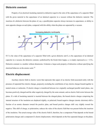Dielectric constant:
Property of an electrical insulating material (a dielectric) equal to the ratio of the capacitance of a capacitor filled
with the given material to the capacitance of an identical capacitor in a vacuum without the dielectric material. The
insertion of a dielectric between the plates of, say, a parallel-plate capacitor always increases its capacitance, or ability to
store opposite charges on each plate, compared with this ability when the plates are separated by a vacuum.
If C is the value of the capacitance of a capacitor filled with a given dielectric and C0 is the capacitance of an identical
capacitor in a vacuum, the dielectric constant, symbolized by the Greek letter kappa, κ, is simply expressed as κ = C/C0.
Dielectric constant is a number without dimensions. It denotes a large-scale property of dielectrics without specifying the
electrical behavior on the atomic scale. [2]
Electric displacement:
Auxiliary electric field or electric vector that represents that aspect of an electric field associated solely with the
presence of separated free electric charges, purposely excluding the contribution of any electric charges bound together in
neutral atoms or molecules. If electric charge is transferred between two originally uncharged parallel metal plates, one
becomes positively charged and the other negatively charged by the same amount, and an electric field exists between the
plates. If a slab of insulating material is inserted between the charged plates, the bound electric charges comprising the
internal structure of the insulation are displaced slightly, or polarized; bound negative charges (atomic electrons) shift a
fraction of an atomic diameter toward the positive plate, and bound positive charges shift very slightly toward the
negative. This shift of charge, or polarization, reduces the value of the electric field that was present before the insertion
of the insulation. The actual average value of the electric field E, therefore, has a component P that depends on the bound
polarization charges and a component D, electric displacement, which depends on the free separated charges on the plates.
 