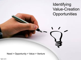 Identifying
Value-Creation
Opportunities
Need > Opportunity > Value > Venture
 