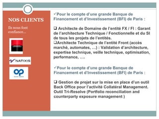 Pour le compte d’une grande Banque de
NOS CLIENTS     Financement et d’Investissement (BFI) de Paris :

Ils nous font    Architecte de Domaine de l’entité FX / FI : Garant
confiance...    de l’architecture Technique / Fonctionnelle et du SI
                de tous les projets de l’entités.
                Architecte Technique de l’entité Front (accès
                marché, automates, …) : Validation d’architecture,
                expertise technique, veille technique, optimisation,
                performance, ….

                Pour le compte d’une grande Banque de
                Financement et d’Investissement (BFI) de Paris :

                 Gestion de projet sur la mise en place d’un outil
                Back Office pour l’activité Collatéral Management.
                Outil Tri-Resolve (Portfolio reconciliation and
                counterparty exposure management )
 