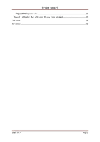 Projet tuteuré
2016-2017 Page 2
Playbook final apache.yml ....................................................................................................... 35
Étape 7 - Utilisation d'un référentiel Git pour notre site Web................................................. 37
Conclusion ............................................................................................................................................. 39
REFERENCE ............................................................................................................................................ 40
 