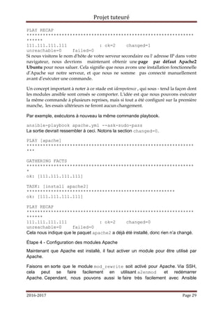 Projet tuteuré
2016-2017 Page 29
PLAY RECAP
**************************************************************
******
111.111.111.111 : ok=2 changed=1
unreachable=0 failed=0
Si nous visitons le nom d'hôte de votre serveur secondaire ou l' adresse IP dans votre
navigateur, nous devrions maintenant obtenir une page par défaut Apache2
Ubuntu pour nous saluer. Cela signifie que nous avons une installation fonctionnelle
d’Apache sur notre serveur, et que nous ne somme pas connecté manuellement
avant d’exécuter une commande.
Un concept important à noter à ce stade est idempotence , qui sous - tend la façon dont
les modules ansible sont censés se comporter. L'idée est que nous pouvons exécuter
la même commande à plusieurs reprises, mais si tout a été configuré sur la première
manche, les essais ultérieurs ne feront aucun changement.
Par exemple, exécutons à nouveau la même commande playbook.
ansible-playbook apache.yml --ask-sudo-pass
La sortie devrait ressembler à ceci. Notons la section changed=0.
PLAY [apache]
**************************************************************
***
GATHERING FACTS
**************************************************************
*
ok: [111.111.111.111]
TASK: [install apache2]
*******************************************************
ok: [111.111.111.111]
PLAY RECAP
**************************************************************
******
111.111.111.111 : ok=2 changed=0
unreachable=0 failed=0
Cela nous indique que le paquet apache2 a déjà été installé, donc rien n’a changé.
Étape 4 - Configuration des modules Apache
Maintenant que Apache est installé, il faut activer un module pour être utilisé par
Apache.
Faisons en sorte que le module mod_rewrite soit activé pour Apache. Via SSH,
cela peut se faire facilement en utilisant a2enmod et redémarrer
Apache. Cependant, nous pouvons aussi le faire très facilement avec Ansible
 