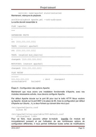 Projet tuteuré
2016-2017 Page 31
service: name=apache2 state=restarted
Maintenant, relançons le playbook.
ansible-playbook apache.yml --ask-sudo-pass
La sortie devrait ressembler à:
PLAY [apache]
**************************************************************
***
GATHERING FACTS
**************************************************************
*
ok: [111.111.111.111]
TASK: [install apache2]
*******************************************************
ok: [111.111.111.111]
TASK: [enabled mod_rewrite]
***************************************************
changed: [111.111.111.111]
NOTIFIED: [restart apache2]
***************************************************
changed: [111.111.111.111]
PLAY RECAP
**************************************************************
******
111.111.111.111 : ok=4 changed=2
unreachable=0 failed=0
Étape 5 - Configuration des options Apache
Maintenant que nous avons une installation fonctionnelle d’Apache, avec nos
modules nécessaires activés, nous devons configurer Apache.
Par défaut Apache écoute sur le port 80 pour tout le trafic HTTP. Nous voulons
qu’Apache écoute sur le port 8081 à la place de 80. Avec la configuration par défaut
d'Apache sur Ubuntu , il y a deux fichiers qui doivent être mis à jour:
/etc/apache2/ports.conf
Listen 80
/etc/apache2/sites-available/000-default.conf
<VirtualHost *:80>
Pour ce faire, nous pouvons utiliser le module lineinfile . Ce module est
incroyablement puissant et par l'utilisation de ses nombreuses options de
configuration différentes, il nous permet d'effectuer toutes sortes de modifications
 