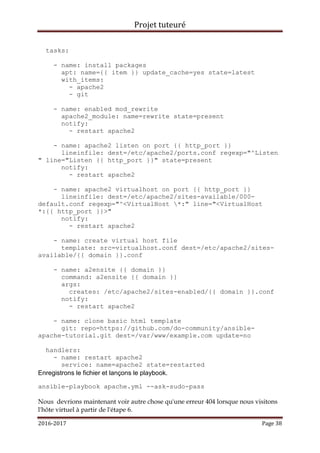 Projet tuteuré
2016-2017 Page 38
tasks:
- name: install packages
apt: name={{ item }} update_cache=yes state=latest
with_items:
- apache2
- git
- name: enabled mod_rewrite
apache2_module: name=rewrite state=present
notify:
- restart apache2
- name: apache2 listen on port {{ http_port }}
lineinfile: dest=/etc/apache2/ports.conf regexp="^Listen
" line="Listen {{ http_port }}" state=present
notify:
- restart apache2
- name: apache2 virtualhost on port {{ http_port }}
lineinfile: dest=/etc/apache2/sites-available/000-
default.conf regexp="^<VirtualHost *:" line="<VirtualHost
*:{{ http_port }}>"
notify:
- restart apache2
- name: create virtual host file
template: src=virtualhost.conf dest=/etc/apache2/sites-
available/{{ domain }}.conf
- name: a2ensite {{ domain }}
command: a2ensite {{ domain }}
args:
creates: /etc/apache2/sites-enabled/{{ domain }}.conf
notify:
- restart apache2
- name: clone basic html template
git: repo=https://github.com/do-community/ansible-
apache-tutorial.git dest=/var/www/example.com update=no
handlers:
- name: restart apache2
service: name=apache2 state=restarted
Enregistrons le fichier et lançons le playbook.
ansible-playbook apache.yml --ask-sudo-pass
Nous devrions maintenant voir autre chose qu'une erreur 404 lorsque nous visitons
l'hôte virtuel à partir de l'étape 6.
 