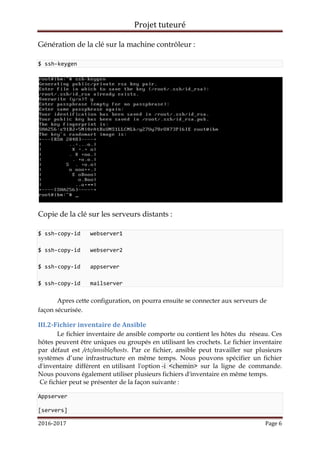 Projet tuteuré
2016-2017 Page 6
Génération de la clé sur la machine contrôleur :
$ ssh-keygen
Copie de la clé sur les serveurs distants :
$ ssh-copy-id webserver1
$ ssh-copy-id webserver2
$ ssh-copy-id appserver
$ ssh-copy-id mailserver
Apres cette configuration, on pourra ensuite se connecter aux serveurs de
façon sécurisée.
III.2-Fichier inventaire de Ansible
Le fichier inventaire de ansible comporte ou contient les hôtes du réseau. Ces
hôtes peuvent être uniques ou groupés en utilisant les crochets. Le fichier inventaire
par défaut est /etc/ansible/hosts. Par ce fichier, ansible peut travailler sur plusieurs
systèmes d’une infrastructure en même temps. Nous pouvons spécifier un fichier
d'inventaire différent en utilisant l'option -i <chemin> sur la ligne de commande.
Nous pouvons également utiliser plusieurs fichiers d'inventaire en même temps.
Ce fichier peut se présenter de la façon suivante :
Appserver
[servers]
 