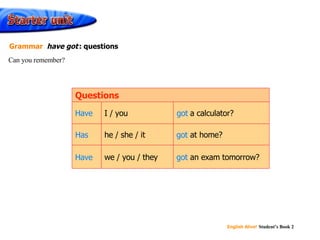 got  an exam tomorrow? got  at home? got  a calculator? we / you / they he / she / it I / you Questions Have got Has  got  Have  got  Can you remember? Grammar  have got   : questions 