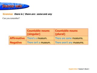 There’s a There are some There isn’t a There aren’t any There isn’t a  museum. There’s a  museum. Countable nouns (singular) There aren’t any  museums. There are some  museums. Countable nouns (plural) Negative Affirmative Can you remember? Grammar  there is  /  there are  :  some  and  any 