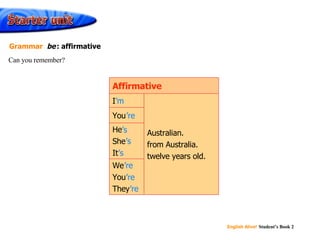 ’ m ’ re ’ s ’ s ’ s ’ re ’ re ’ re We You They He She It You Australian. from Australia. twelve years old. I Affirmative Can you remember? Grammar  be   : affirmative 